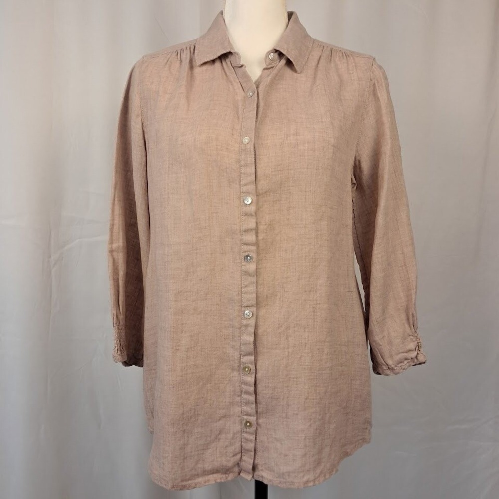 Sigrid Olsen S 100% Mocha Beige Linen Button Front Tunic Top 3/4 Sleeve Bohemian